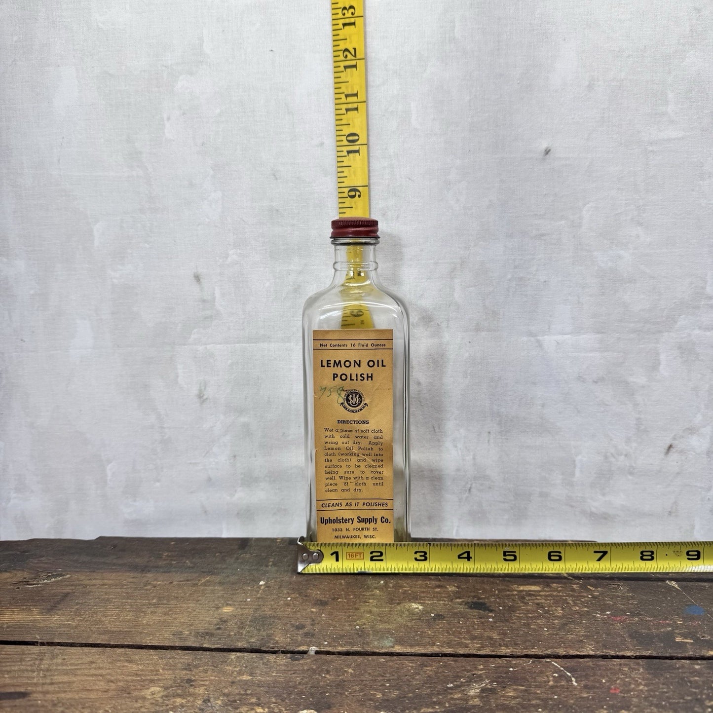 Lemon Oil Polish Vintage Glass Bottle Paper Label