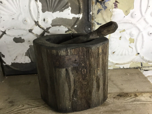 Primitive Antique Morter And Pestal With Repairs, Farm Decor, Home Decor