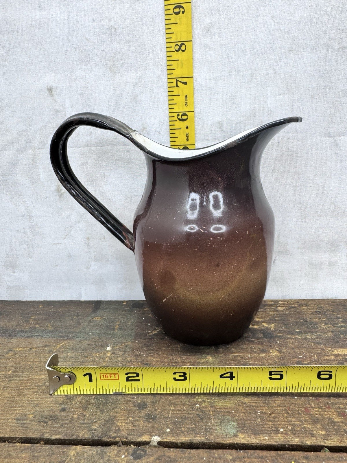Brown Enamel Pitcher Mini Antique #1175