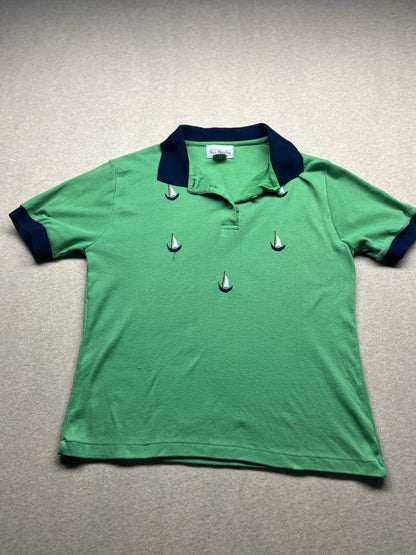 1970s, 80s Boys Green Boat S Sleeve Knit Shirt
