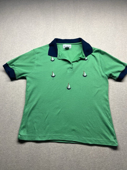 1970s, 80s Boys Green Boat S Sleeve Knit Shirt