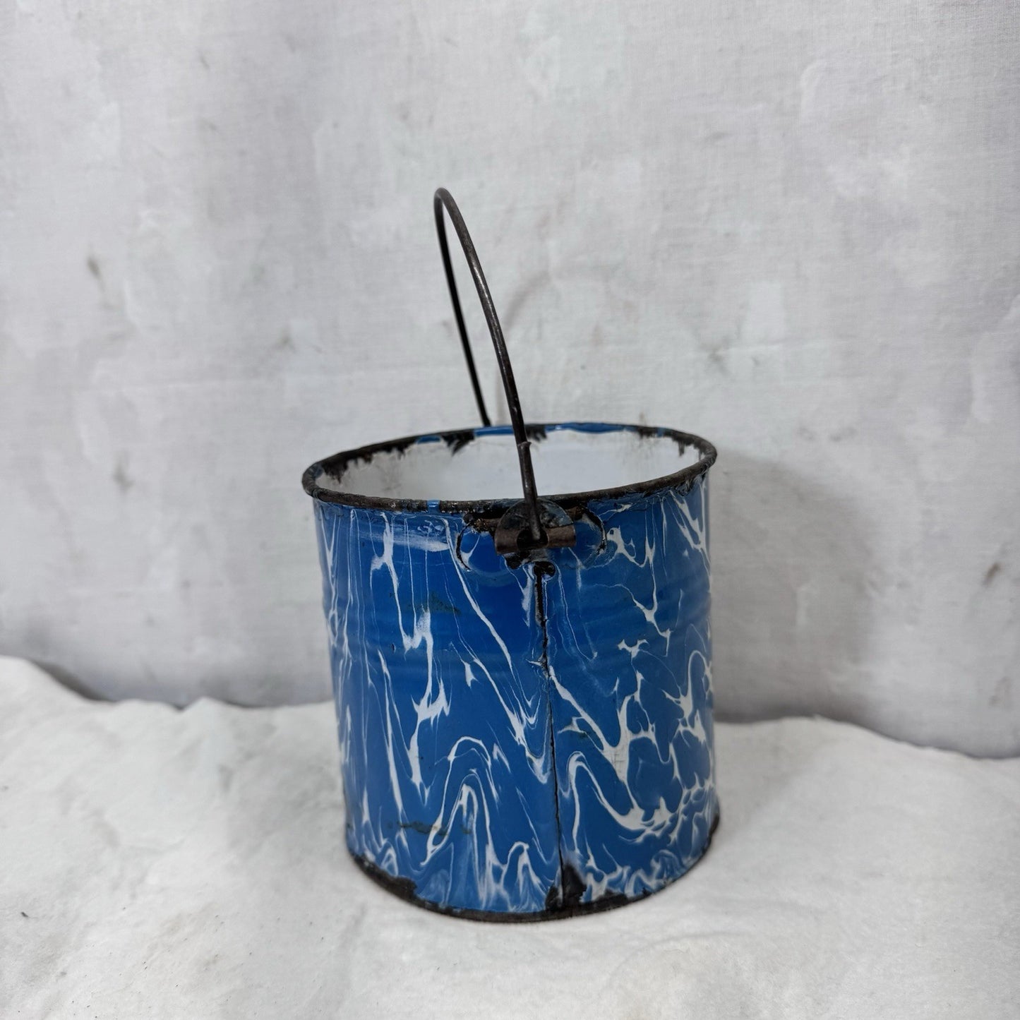 Blue White Swirl Mottled Splatter Enamelware Mini Berry Bucket Vintage
