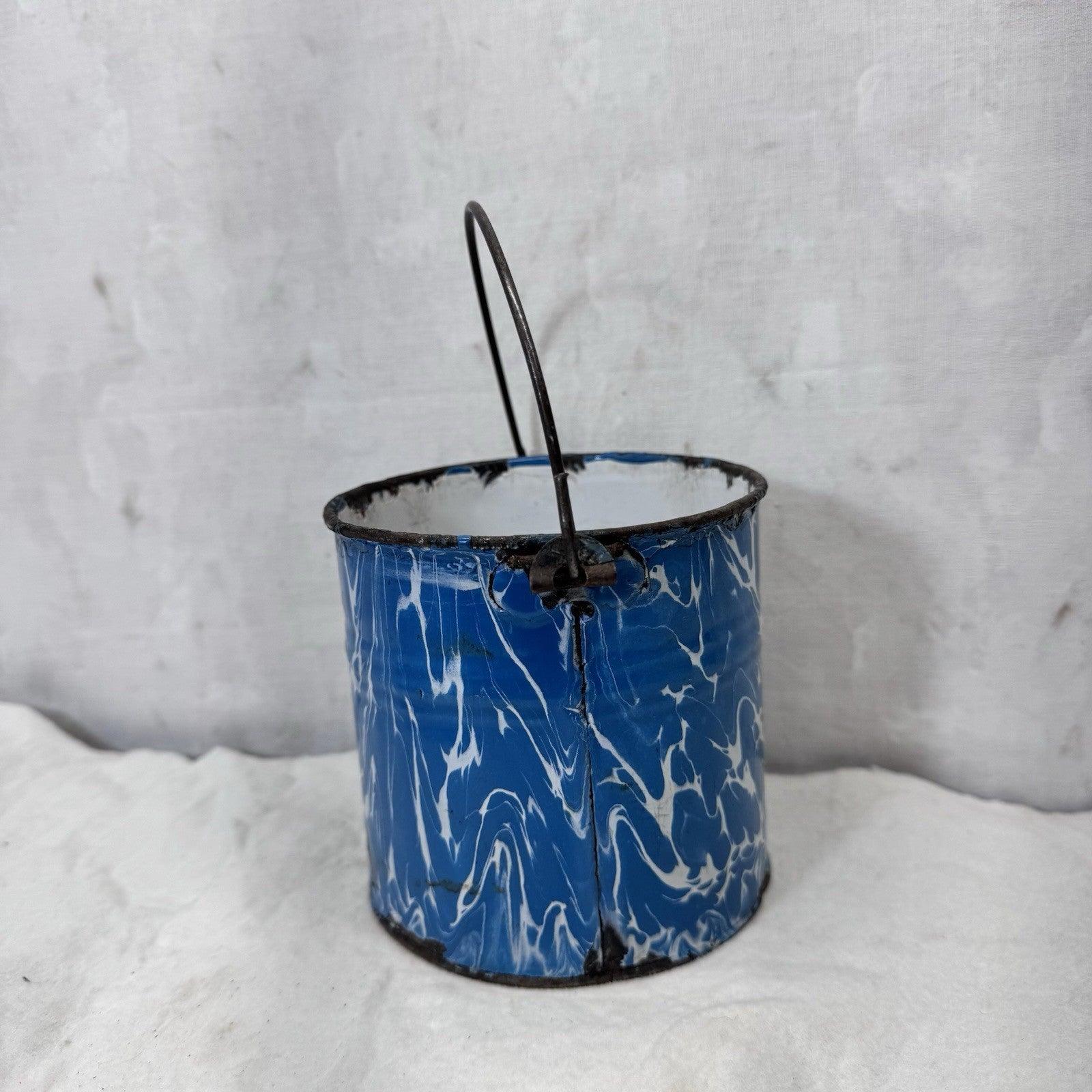 Blue White Swirl Mottled Splatter Enamelware Mini Berry Bucket Vintage