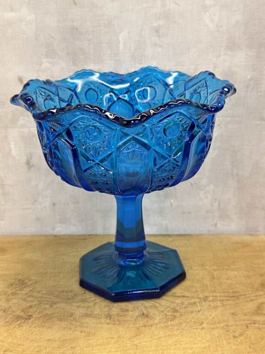 Vintage LE Smith Stars And Bars Turquoise Aqua Blue Glass Pedestal Compote Dish