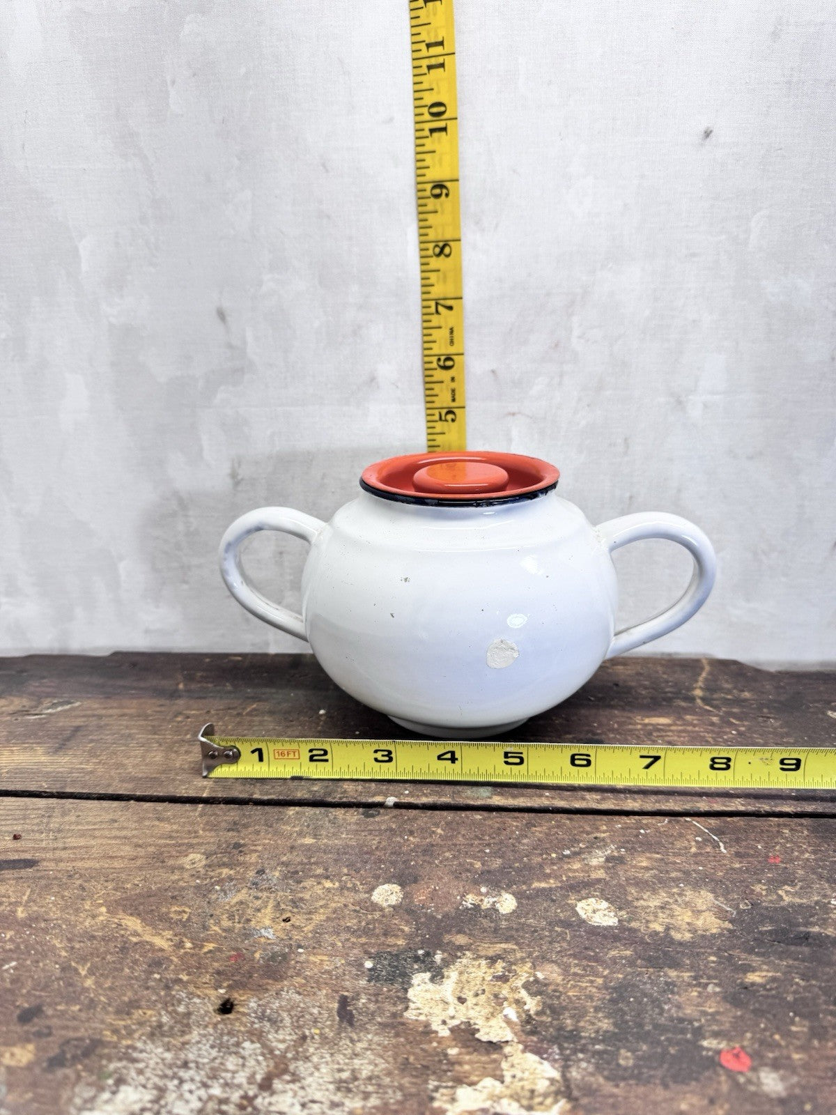 Vintage White Orange And Black Enamelware Double Handle Pot 