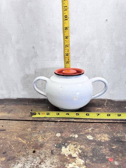 Vintage White Orange And Black Enamelware Double Handle Pot 