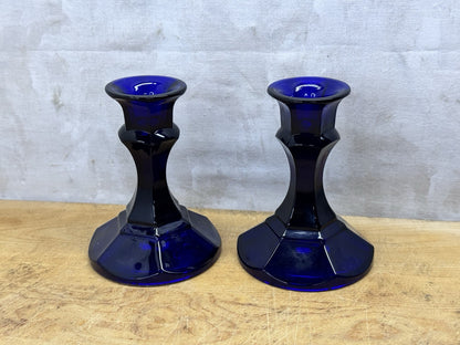 Cobalt Blue Pair Of Candle Holders Vtg #1275