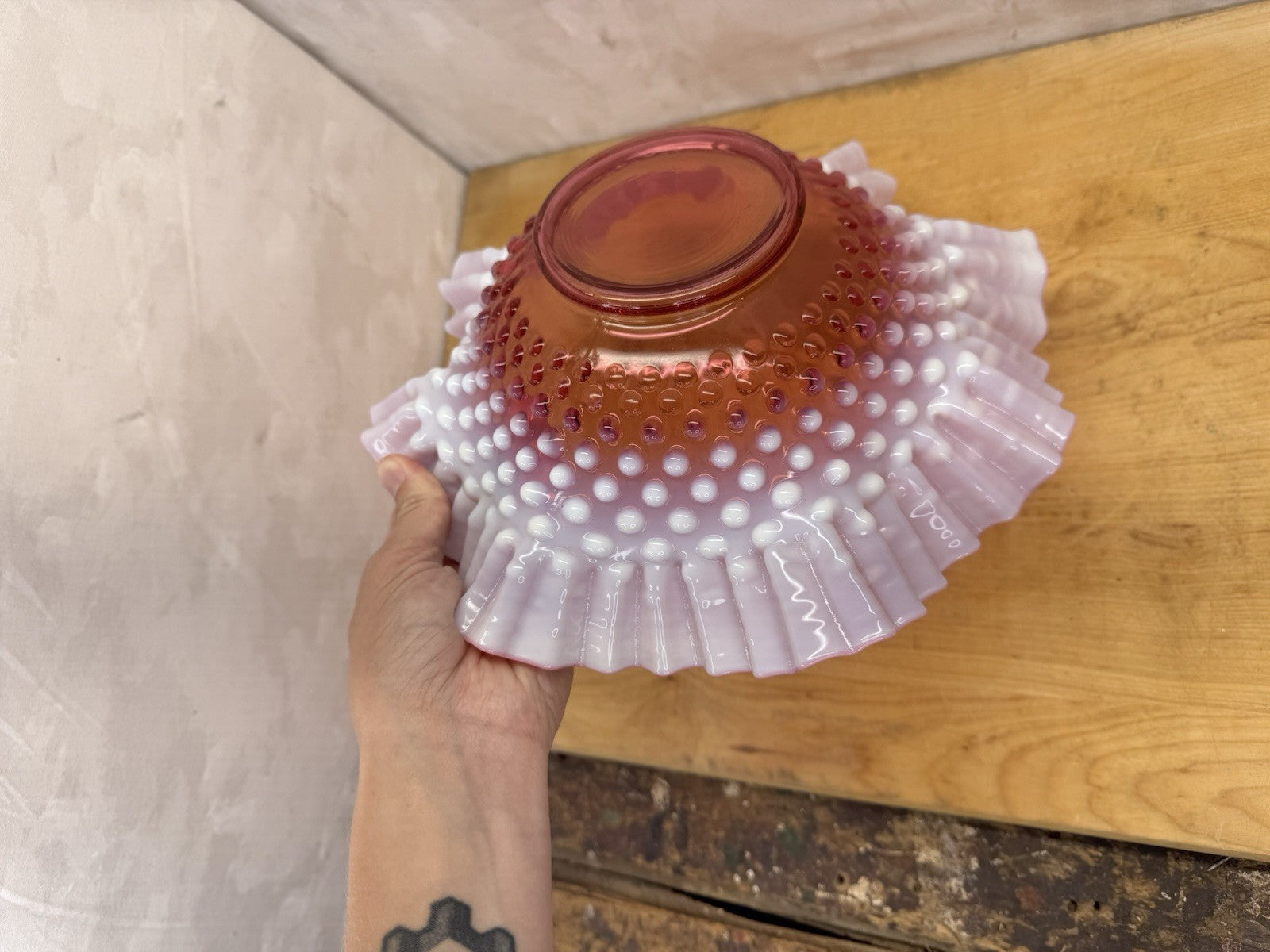 Vintage Fenton Cranberry Glass Bowl Dish Hobnail Opalescent Ruffle #1335