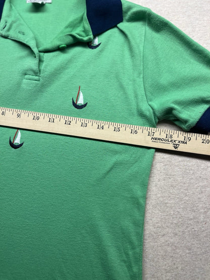 1970s, 80s Boys Green Boat S Sleeve Knit Shirt