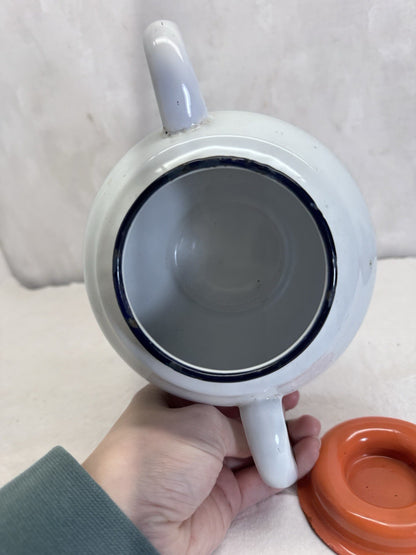 Vintage White Orange And Black Enamelware Double Handle Pot 