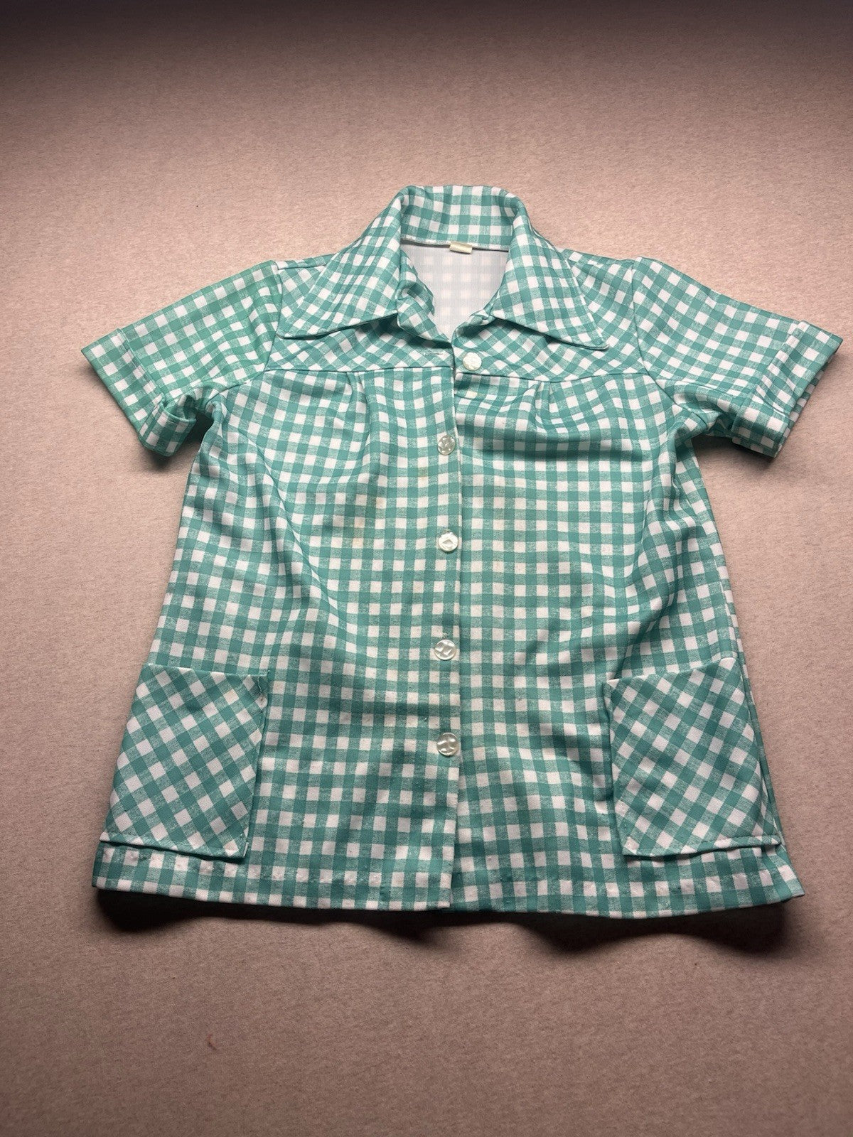 1970s Women’s Green Plaid S Sleeve knit Top W/pockets