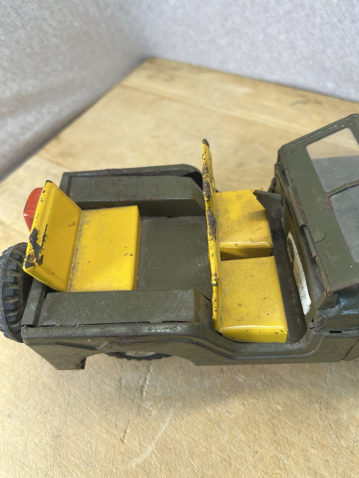 Vintage Tin Friction Jeep W/ Toy Working Spring Howitzer Gun