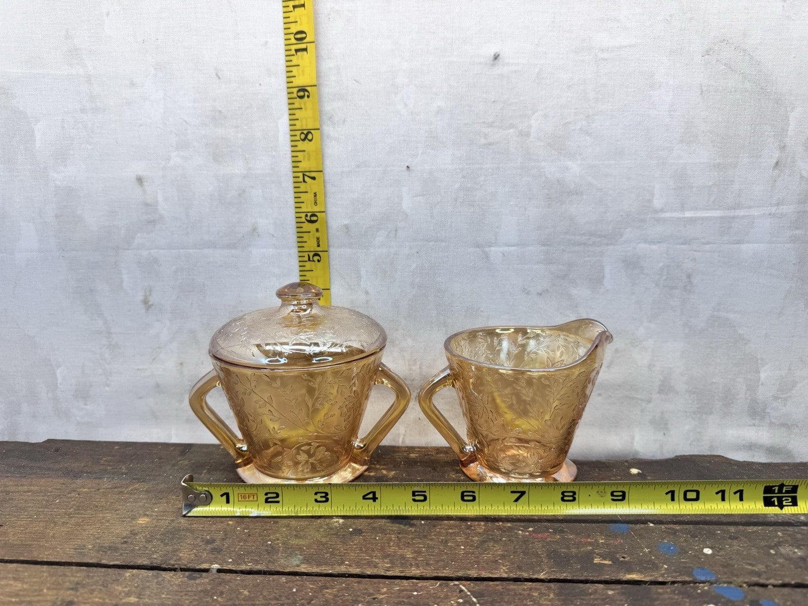 Vtg Jeanette Glass Floragold Louisa Creamer & Sugar Bowl With Lid #1447