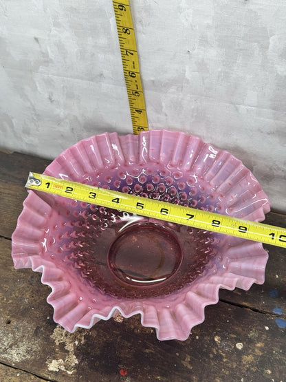 Vintage Fenton Cranberry Glass Bowl Dish Hobnail Opalescent Ruffle #1335