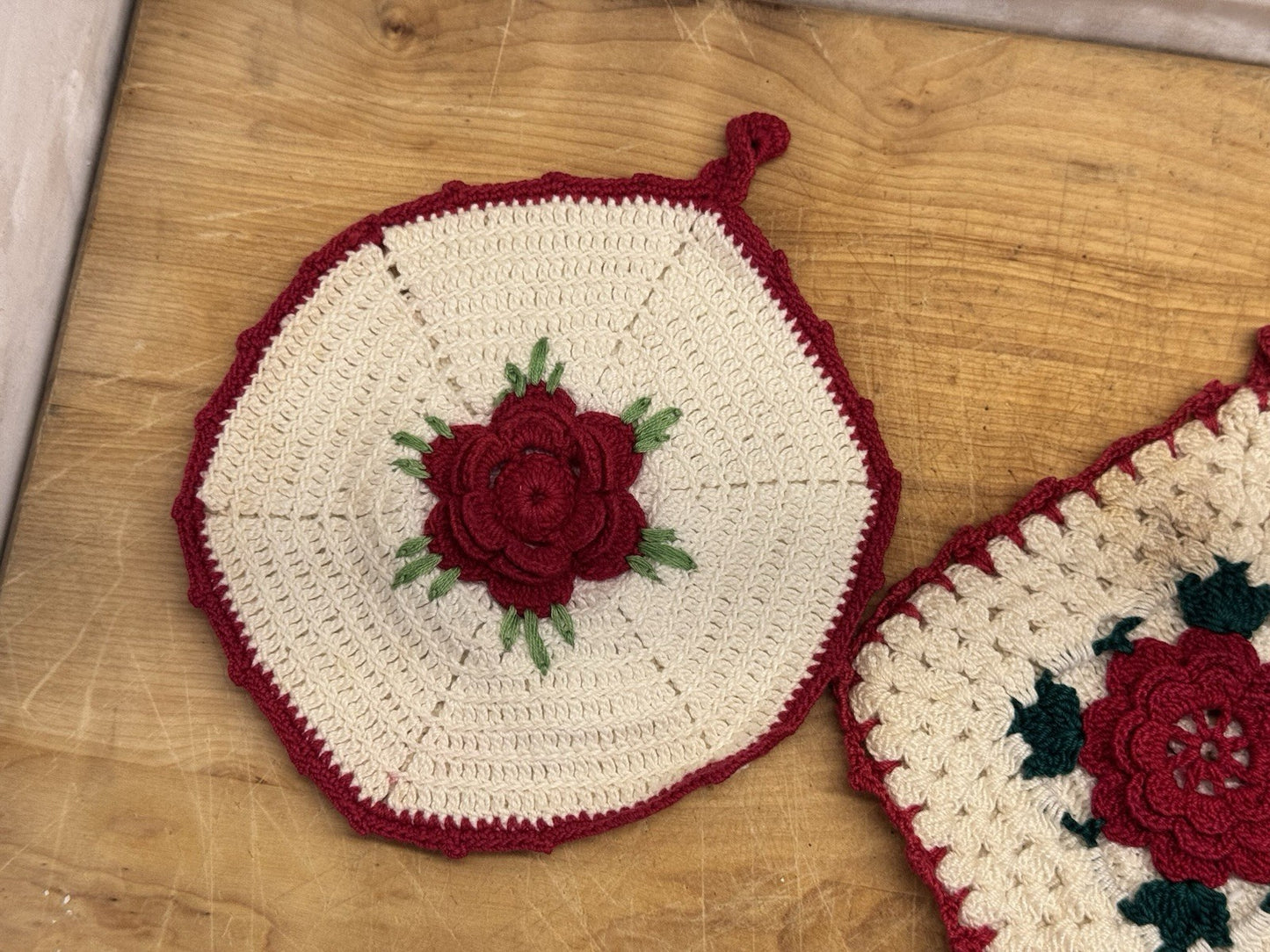 Handmade Crocheted 3 Potholders Vtg #1380