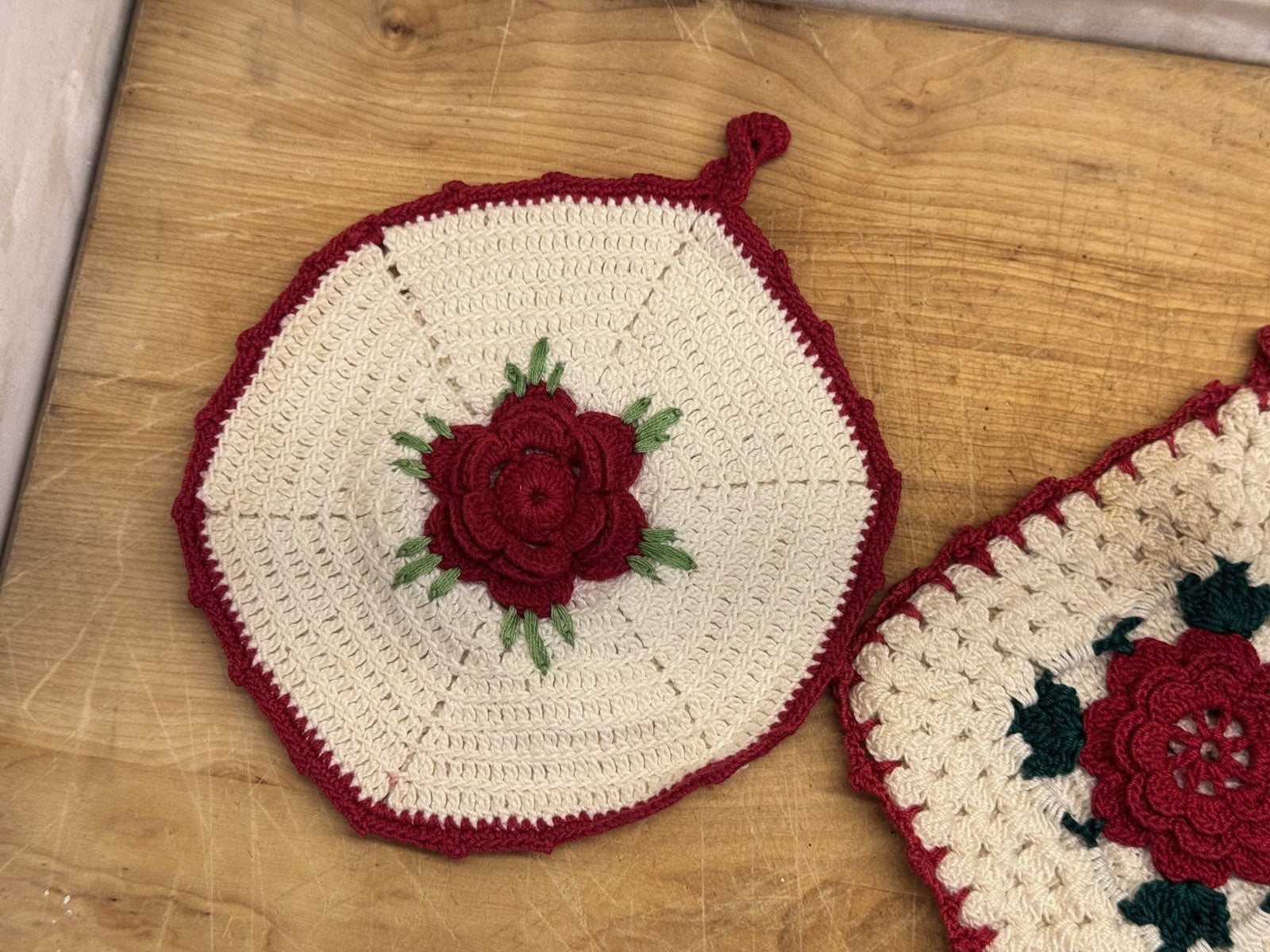 Handmade Crocheted 3 Potholders Vtg #1380