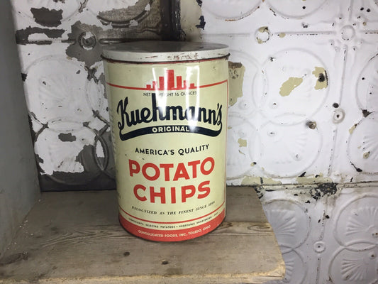 Vintage Large Kuehmanns Advertising Potato Chip Tin Decor #1219
