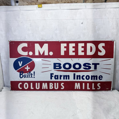 C.M Feeds Columbus Mills Metal Feed Sign Vintage 
