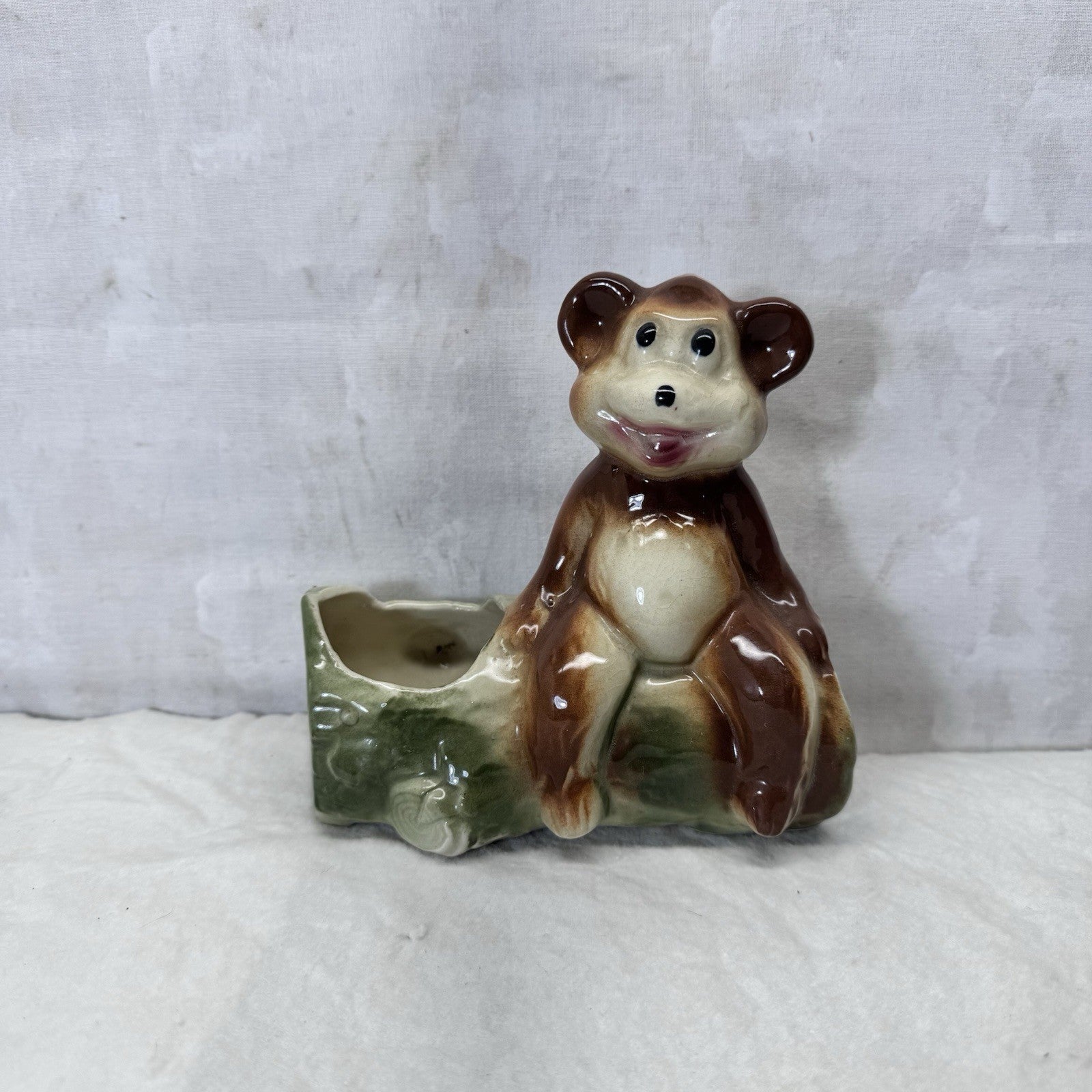 Bear On Log Planter Vintage Ceramic