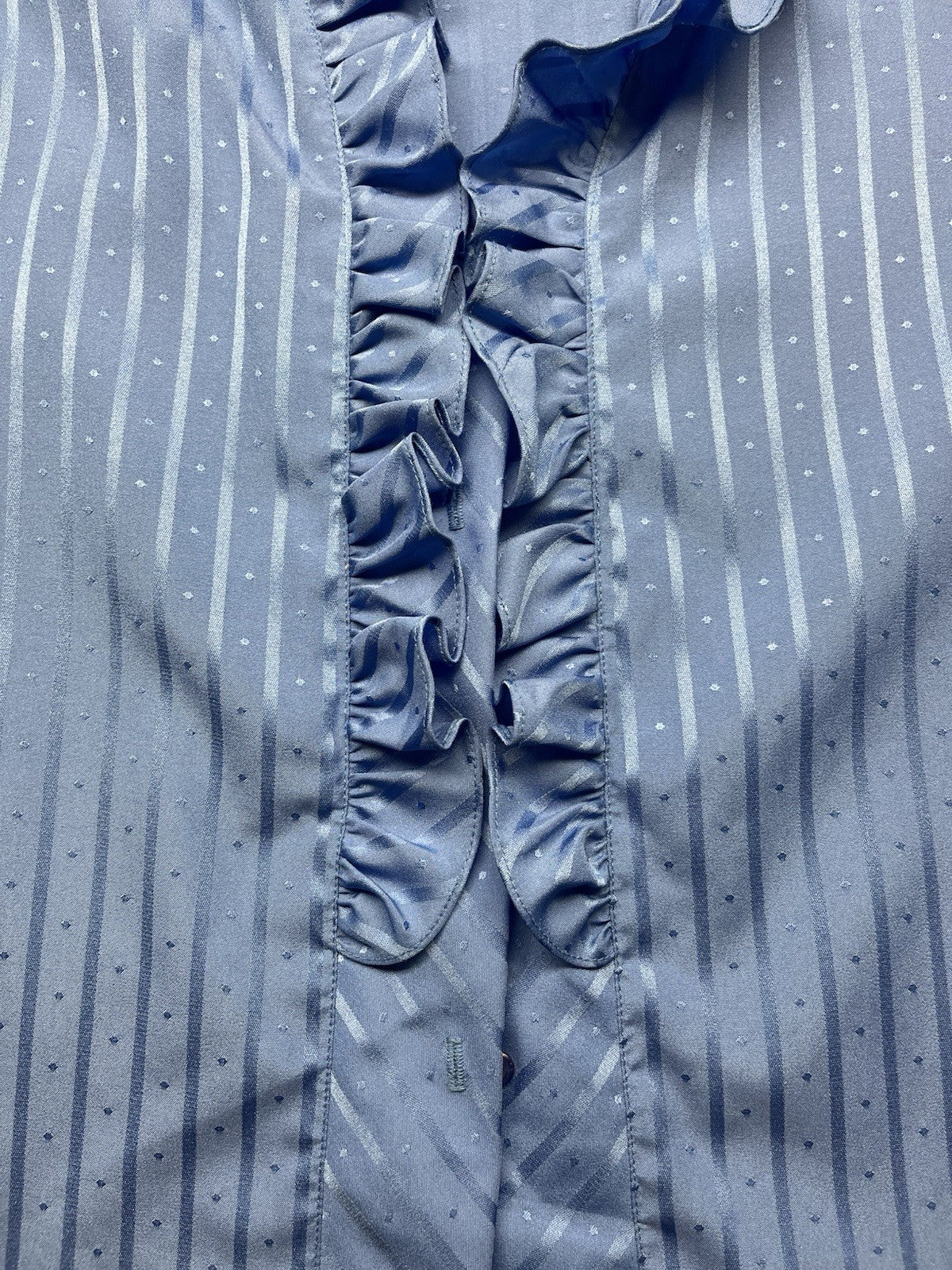 1970s, 80s Women’s L Sleeve Blue Striped Nylon Ruffled Top