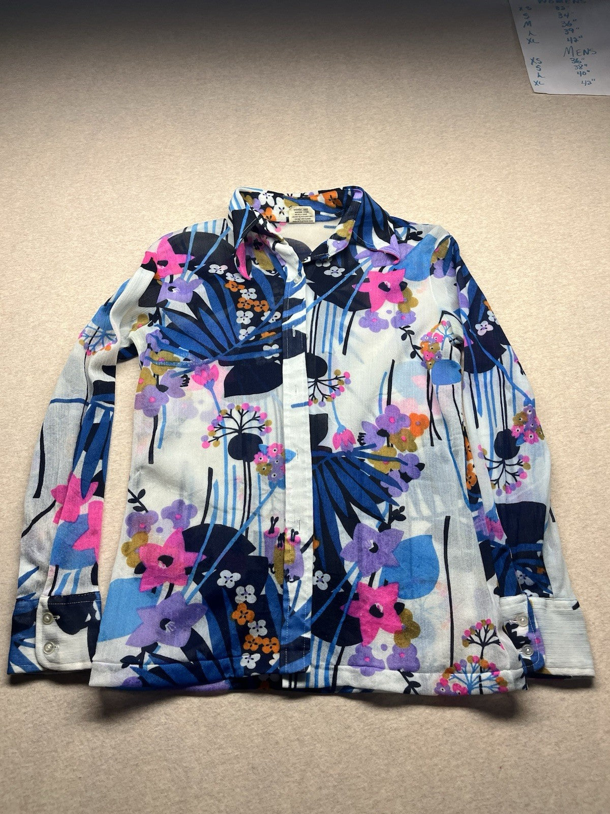 1970s, 80s Women’s Sheer Nylon L Sleeve Flowered Top