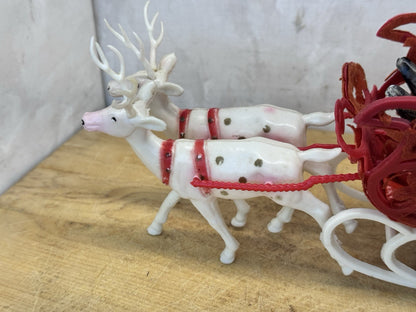 Vtg  Christmas Red Flocked Plastic Santa’s Sleigh & 4 White Reindeer #1592
