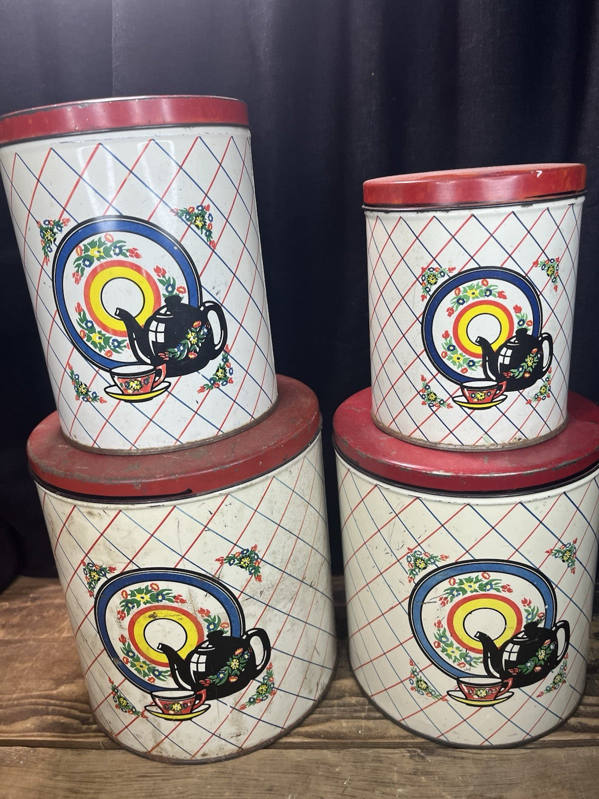 Vintage 4 Piece Canister Set With Patina Double Sided 