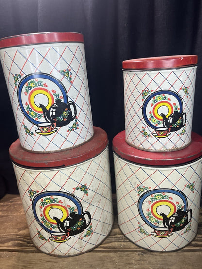 Vintage 4 Piece Canister Set With Patina Double Sided 