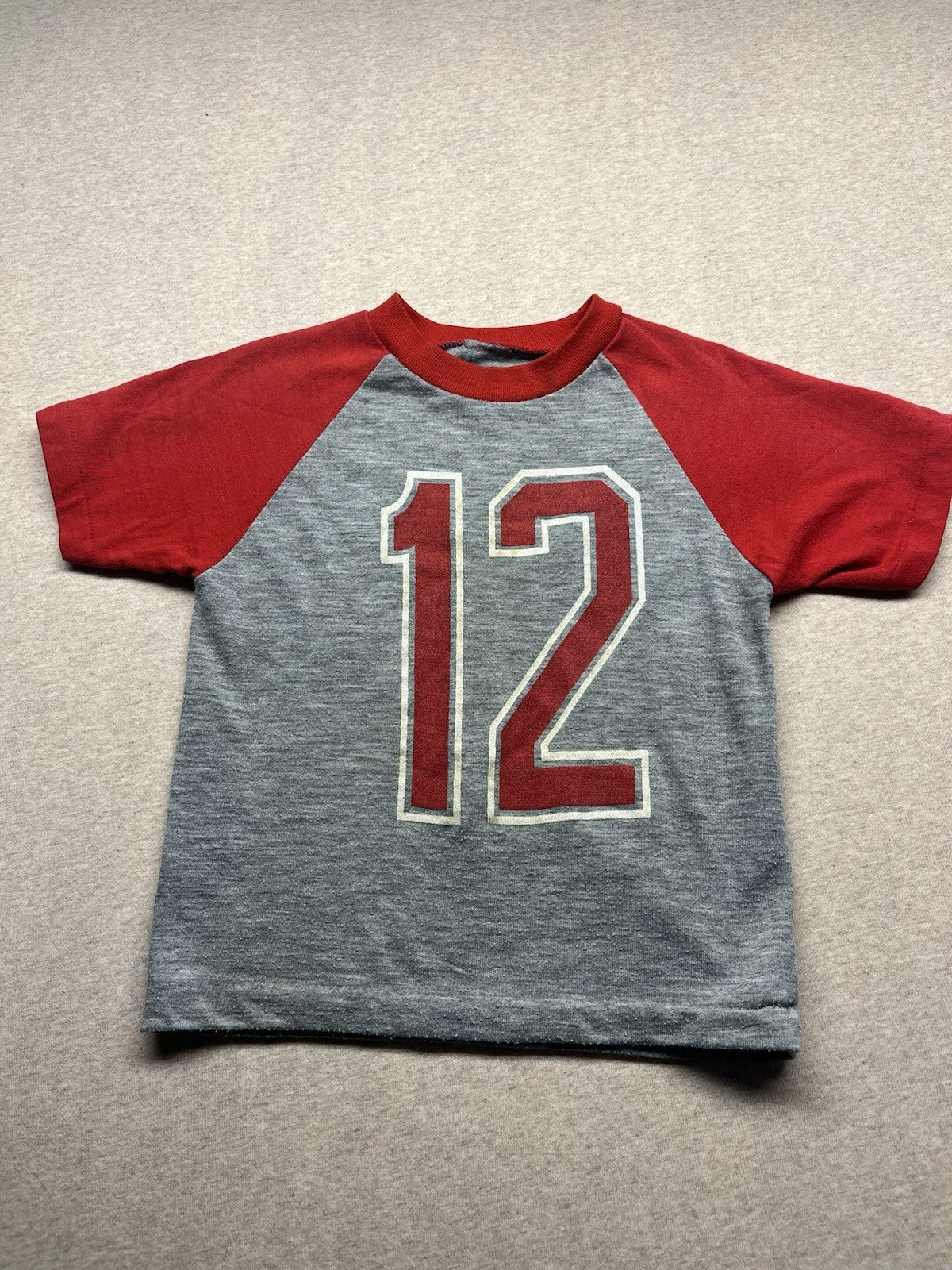 1970s, 80s Boys Red & Grey S Sleeve Raglan Knit Shirt
