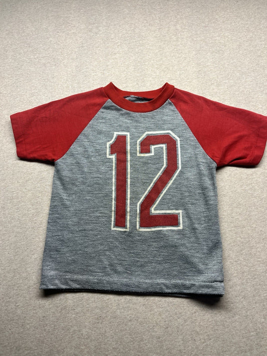 1970s, 80s Boys Red & Grey S Sleeve Raglan Knit Shirt