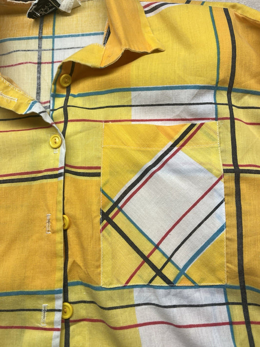 1960s Women’s Yellow Plaid Padded Shoulders Cotton Shirt