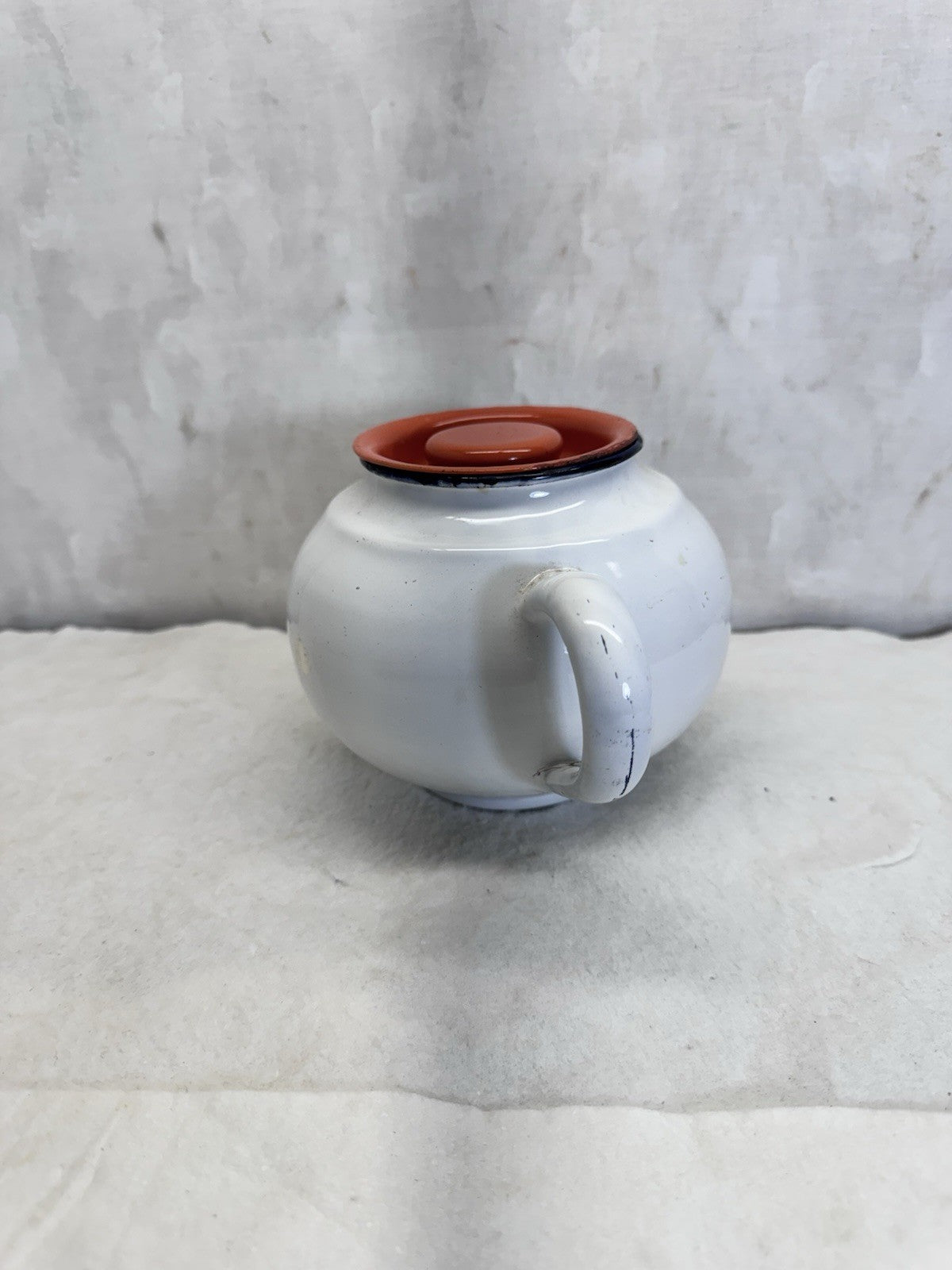 Vintage White Orange And Black Enamelware Double Handle Pot 