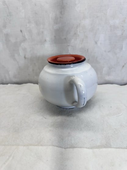 Vintage White Orange And Black Enamelware Double Handle Pot 