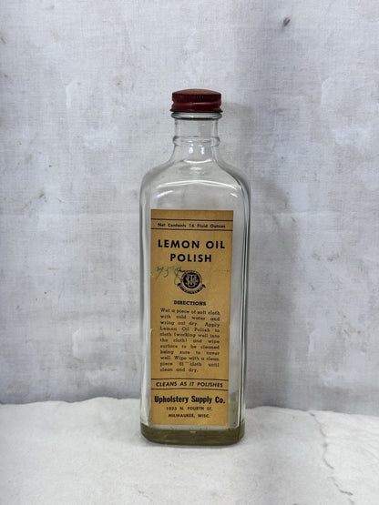 Lemon Oil Polish Vintage Glass Bottle Paper Label