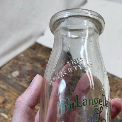 Milo Lange Dairy Co. Milk Glass Bottle Vintage 