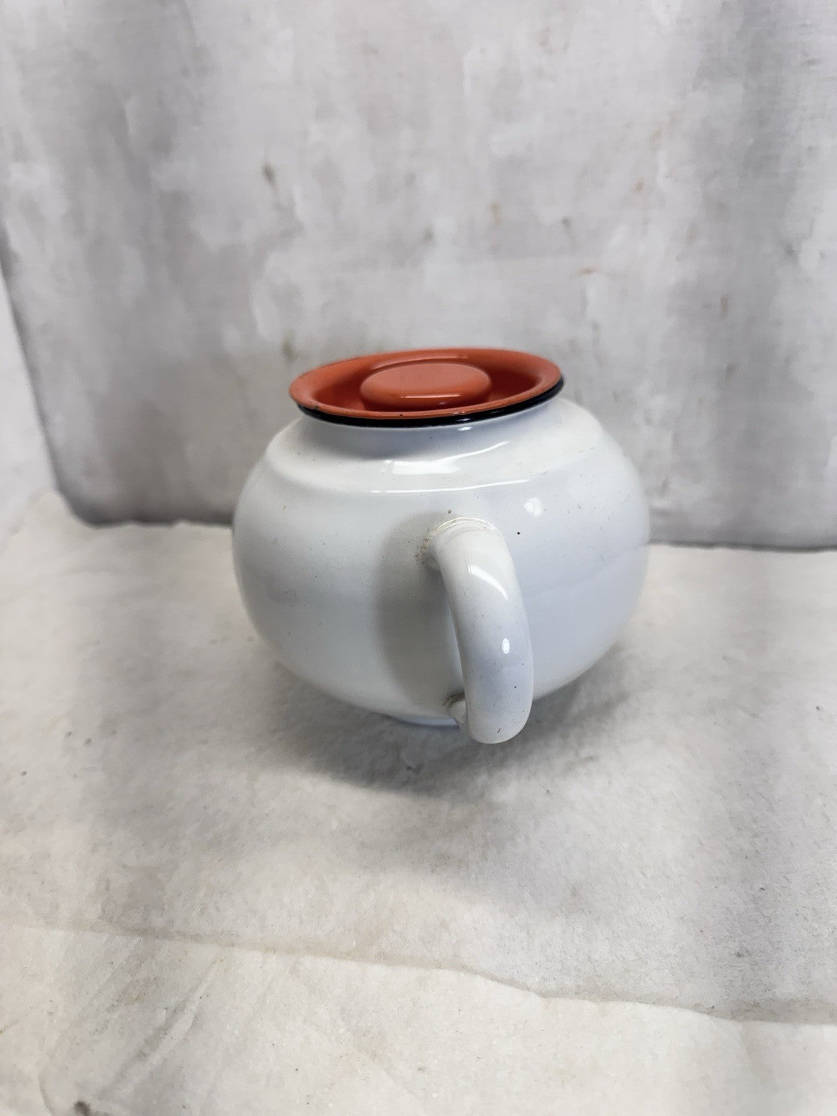 Vintage White Orange And Black Enamelware Double Handle Pot 