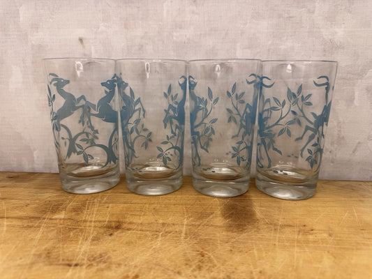 Blue Reindeer Set Of Four Clear Glass Vintage #1210