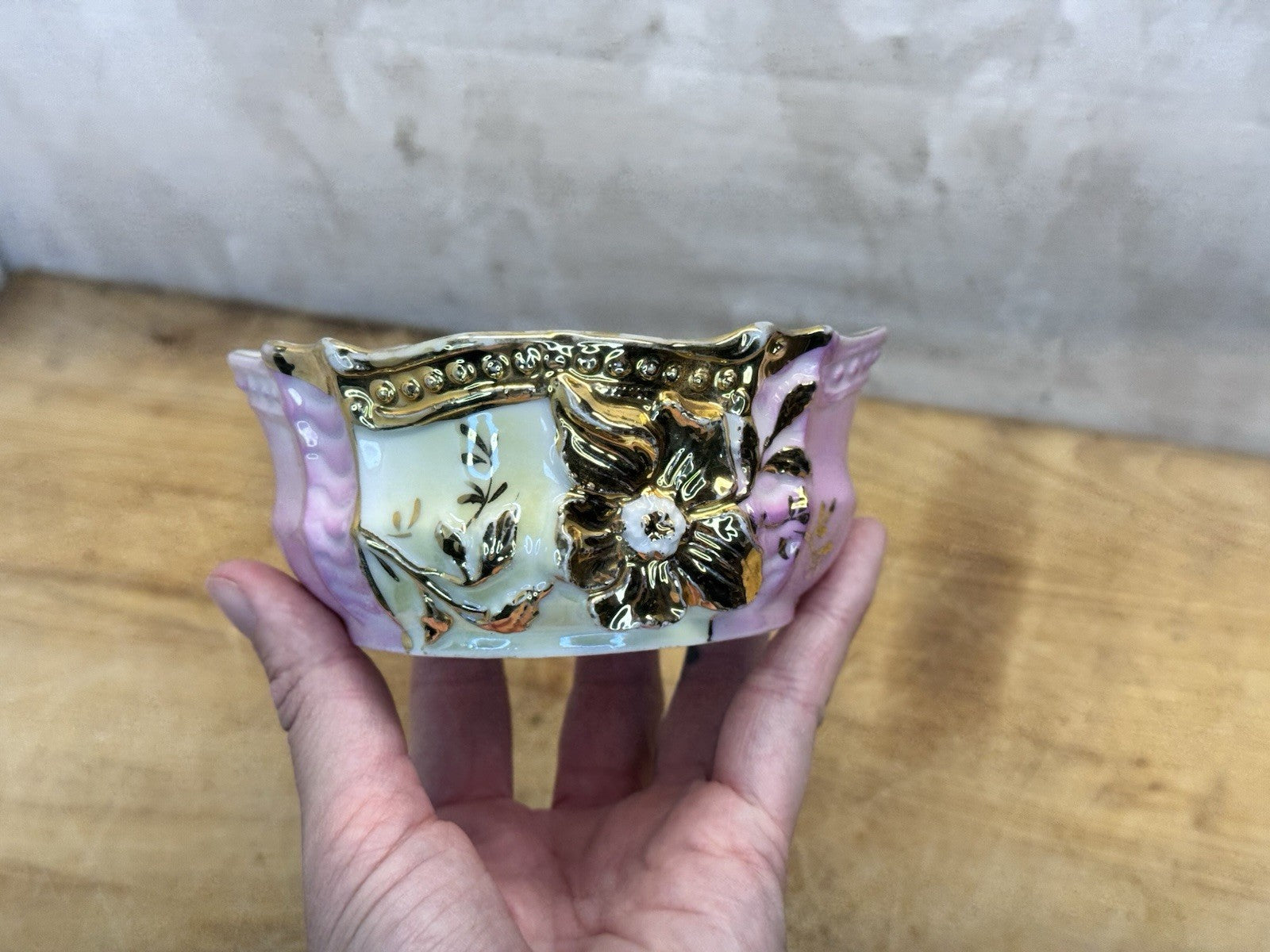 Porcelain Decorative Bowl Gold Painted Accents Pink Antique #1430