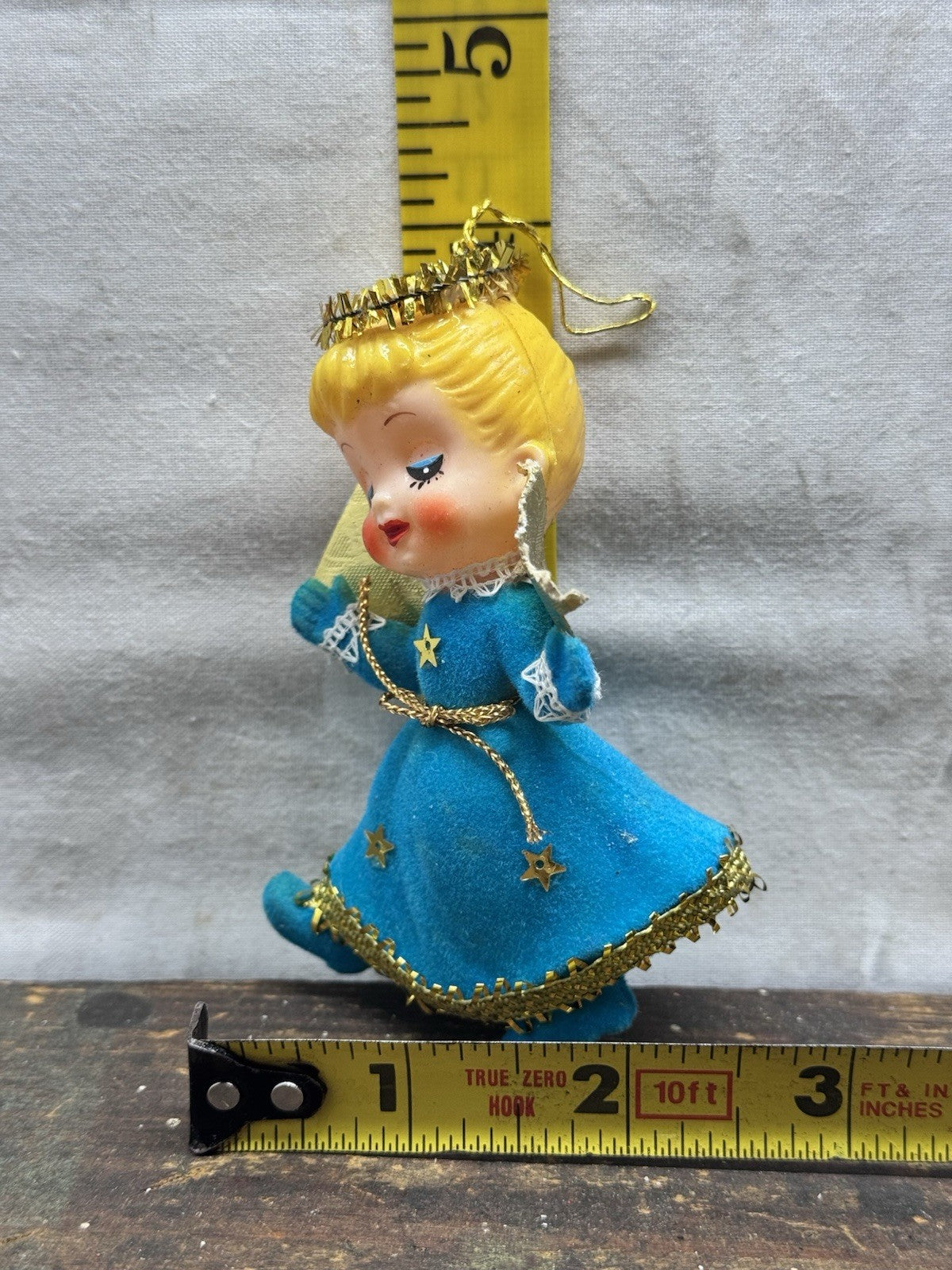 Blue Flocked Angel Christmas Ornament Vtg #1551
