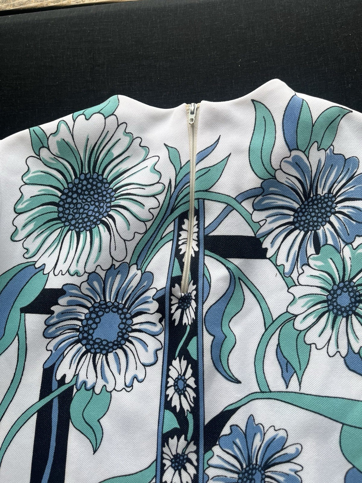 1960s, 70s Women’s Smartique Blue Flowered Sleeveless Knit Shirt