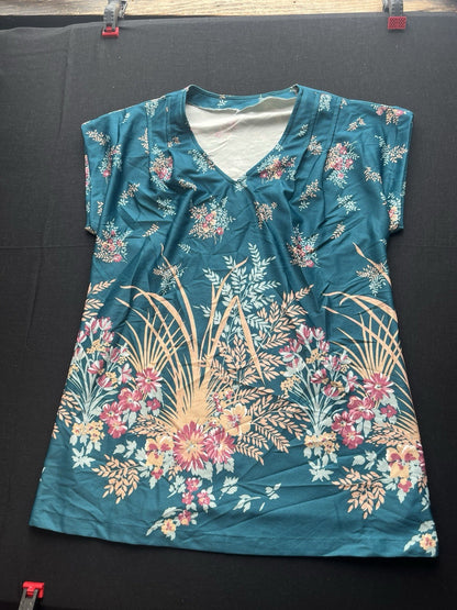 1970s, 80s Womens Green Flowered S Sleeve Knit Shirt