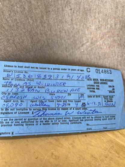 Michigan 1978 Non Resident Deer Back Tag (C014863)