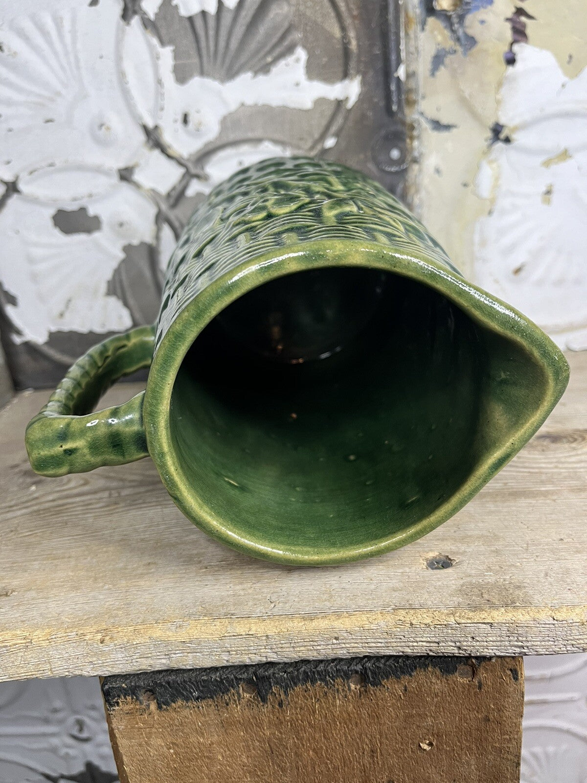 Primitive Antique Greenware Basket Weave Pitcher, Collectible,home Decor 