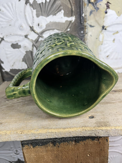 Primitive Antique Greenware Basket Weave Pitcher, Collectible,home Decor 
