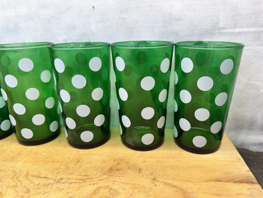 Vintage MCM Green Anchor Hocking Dots 6 Juice Glasses #1342
