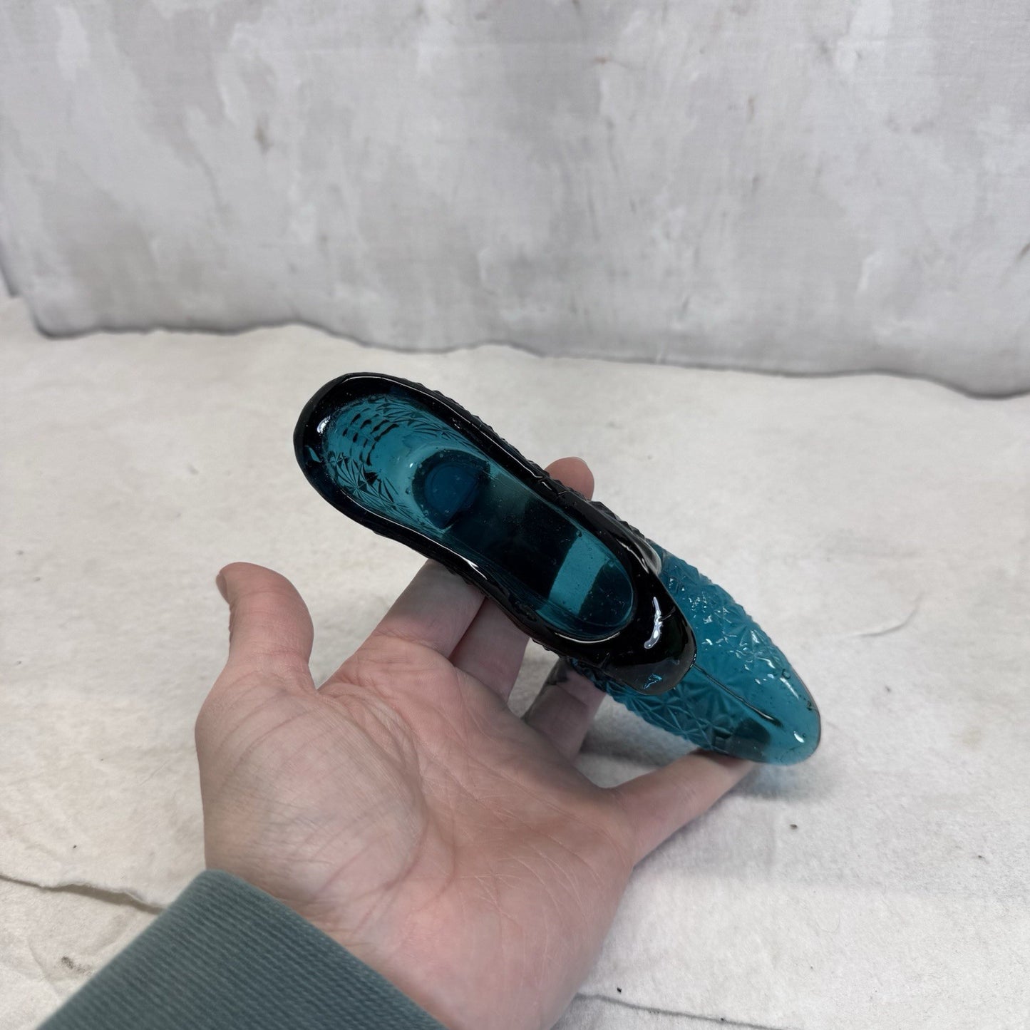 Teal Blue Antique Glass Daisy Pattern Shoe Vintage