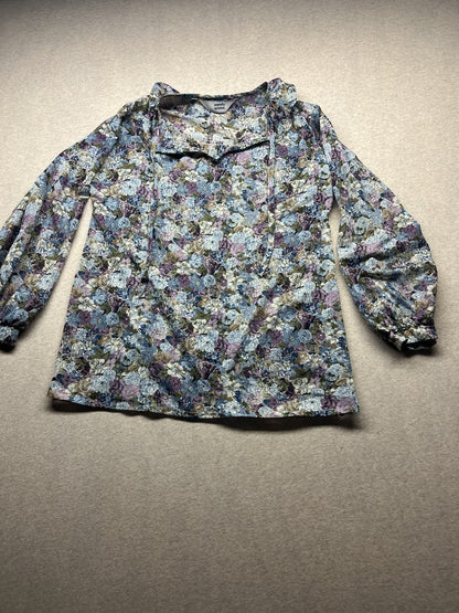 1960s, 70s Women’s Ruffled Knit Sheer Floral Print L Sleeve Top