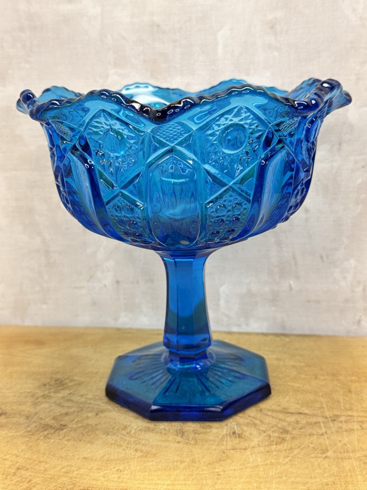 Vintage LE Smith Stars And Bars Turquoise Aqua Blue Glass Pedestal Compote Dish