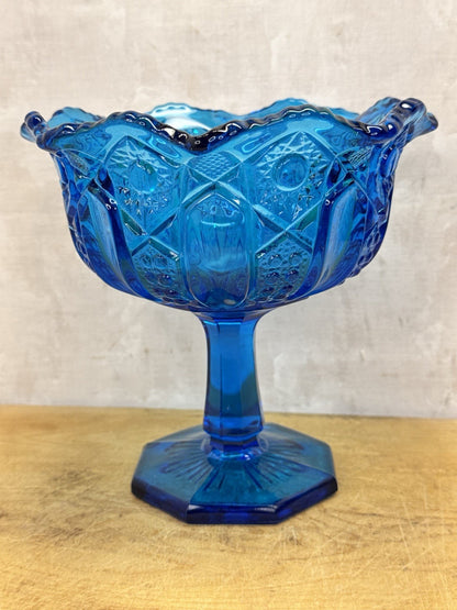 Vintage LE Smith Stars And Bars Turquoise Aqua Blue Glass Pedestal Compote Dish