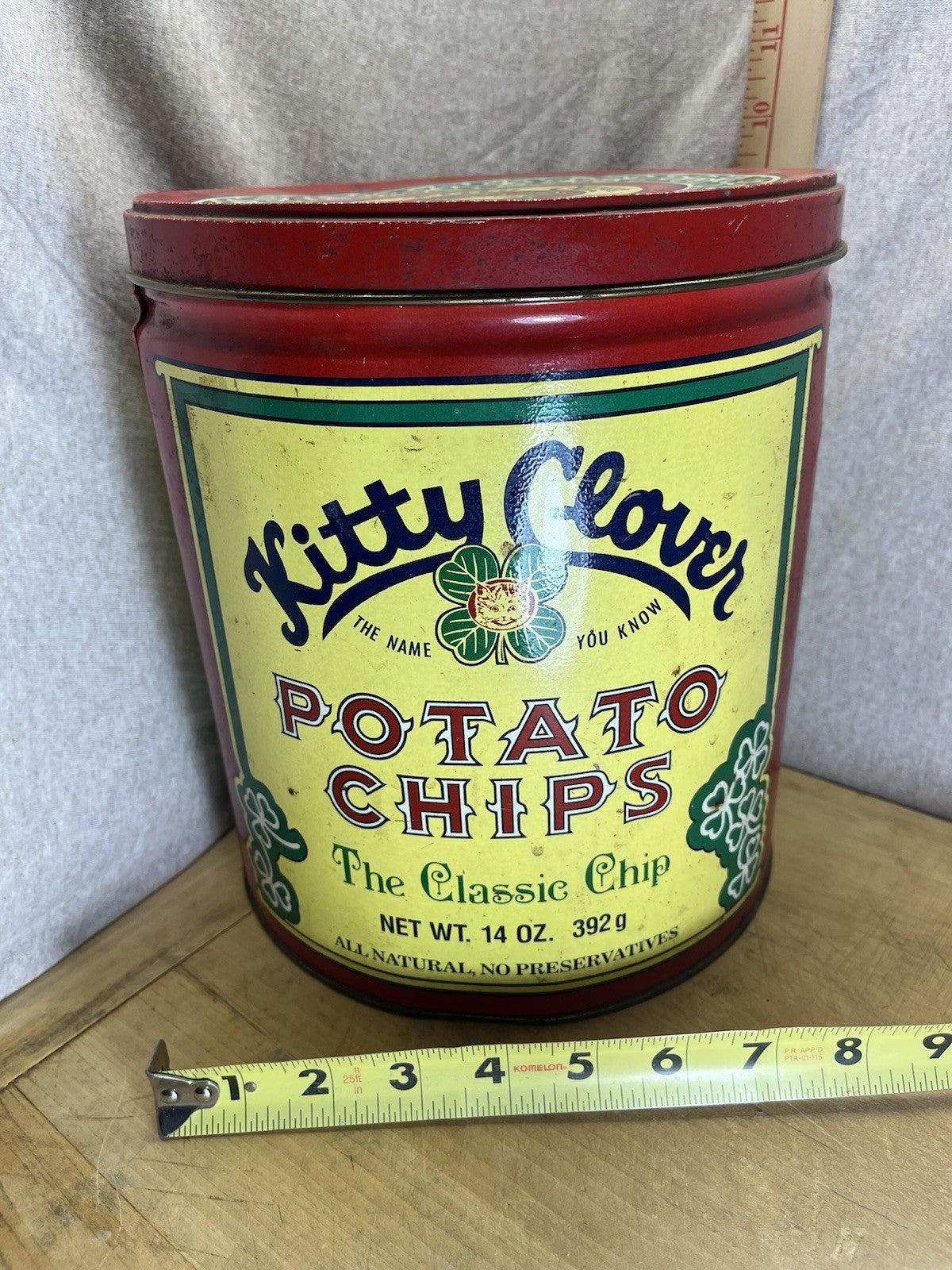 Vintage Kitty Clover Potato Chip Tin 14oz 1983 RED Retro Advertising